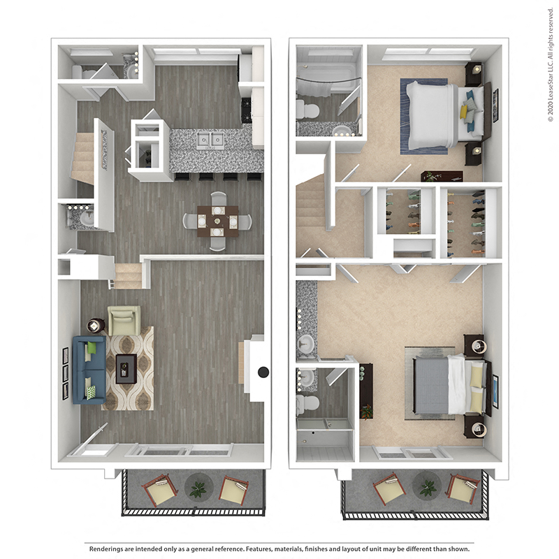 Floor plan for 2 beds, 2.5 baths, 1350 sqft